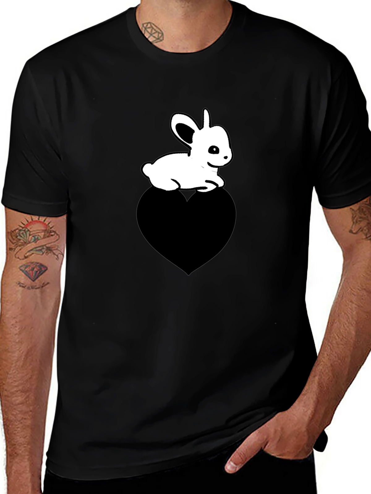 Cute Bunny on Heart T-Shirt - Unisex Black Tee