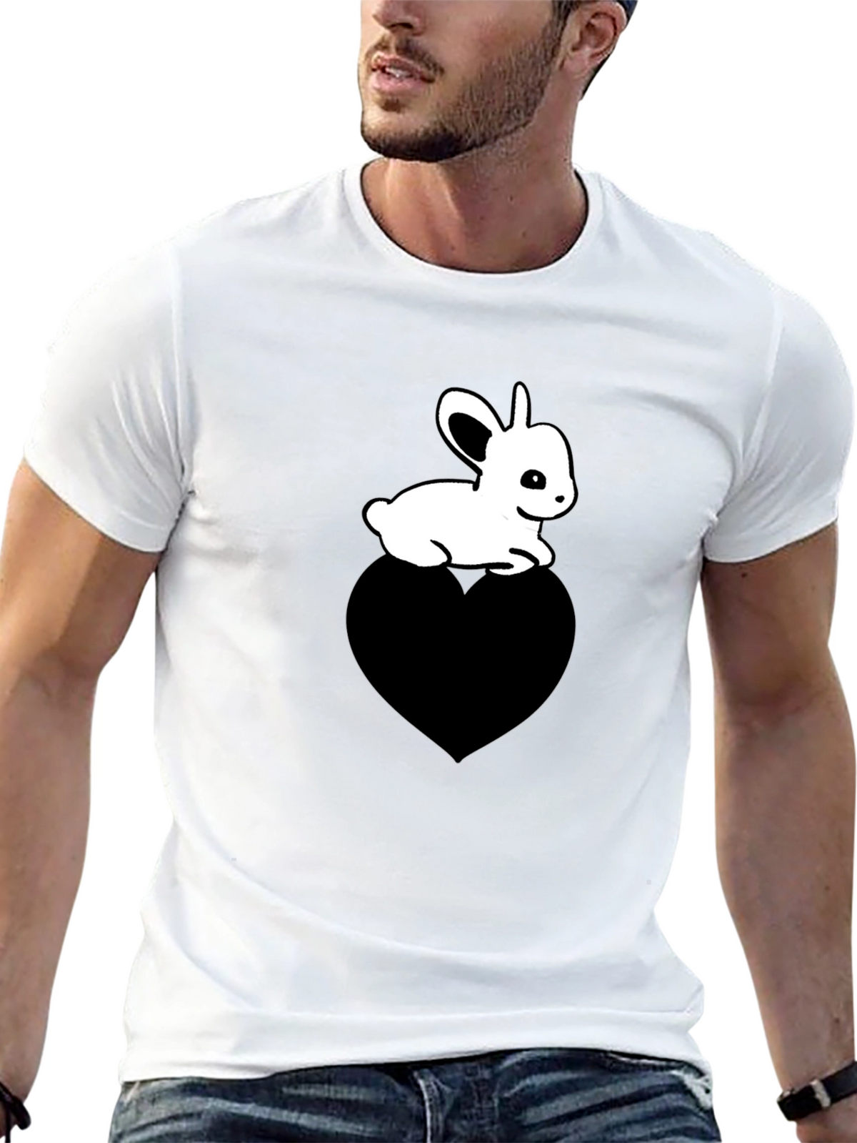 Cute Bunny on Heart T-Shirt - Unisex Black Tee