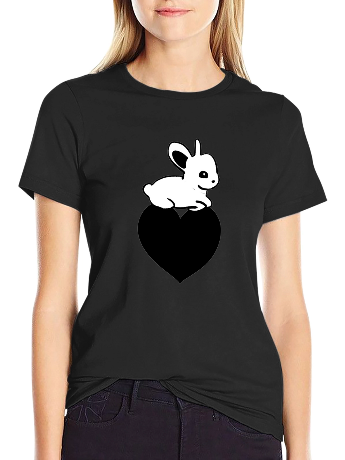 Cute Bunny on Heart T-Shirt - Unisex Black Tee