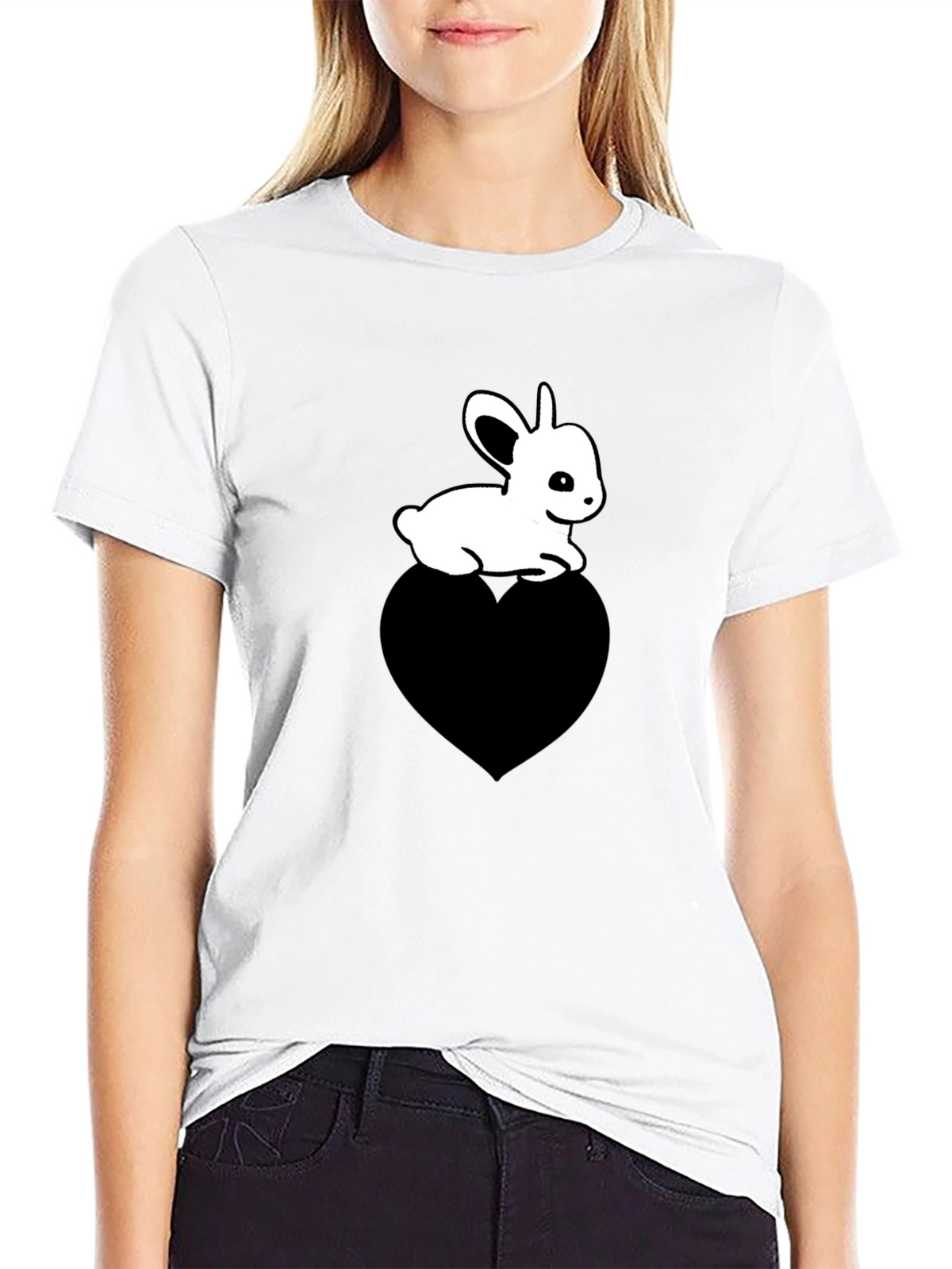 Cute Bunny on Heart T-Shirt - Unisex Black Tee