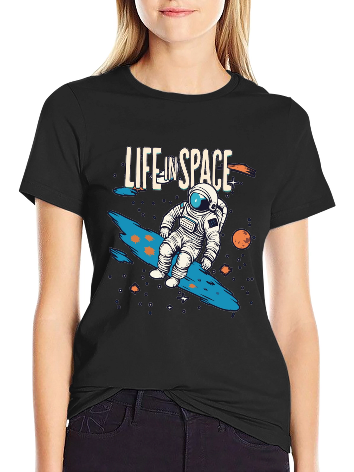 Life In Space Graphic Tee - Black Casual T-Shirt