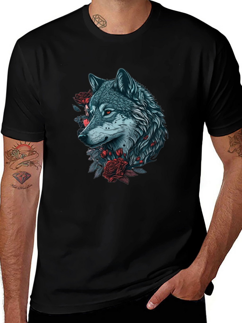 Wolf & Roses Graphic T-Shirt - Unique Design