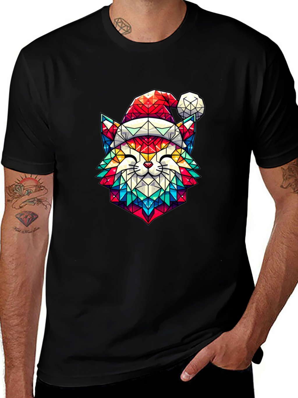 Festive Feline Tee - Geometric Cat in Santa Hat