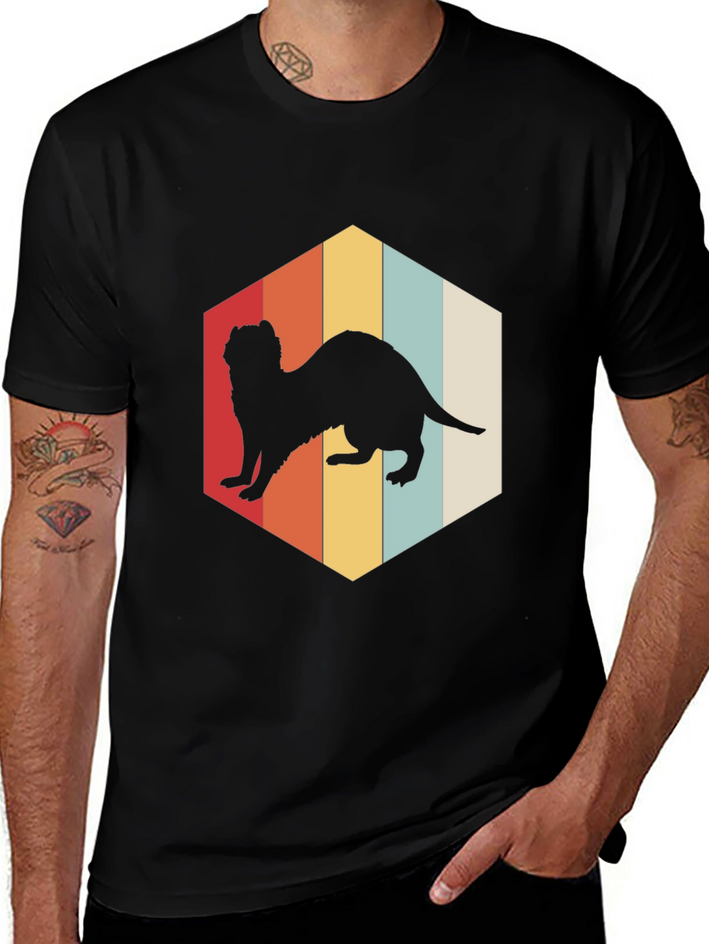 Retro Ferret T-Shirt Black Cotton Blend Casual Wear