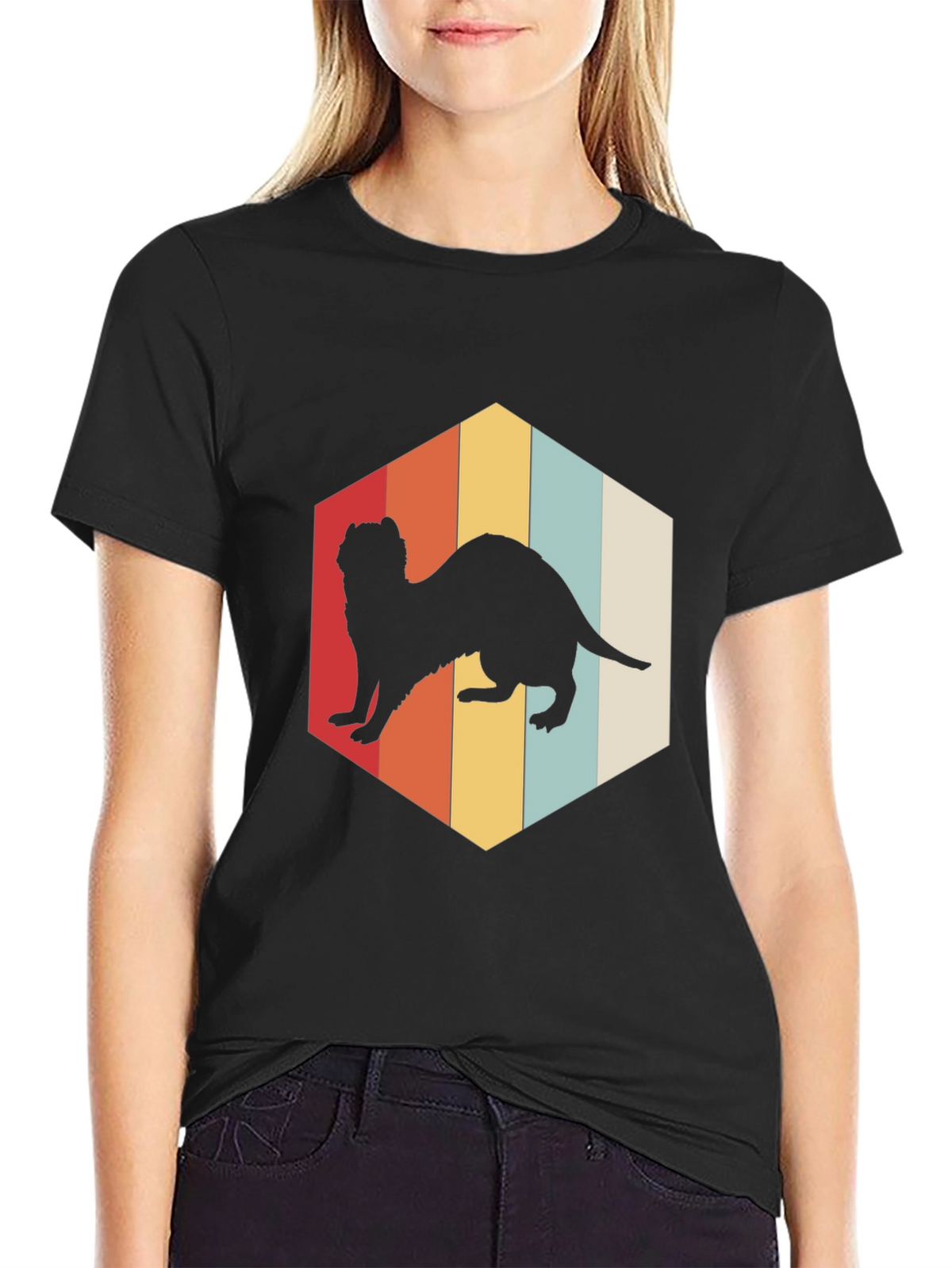 Retro Ferret T-Shirt Black Cotton Blend Casual Wear