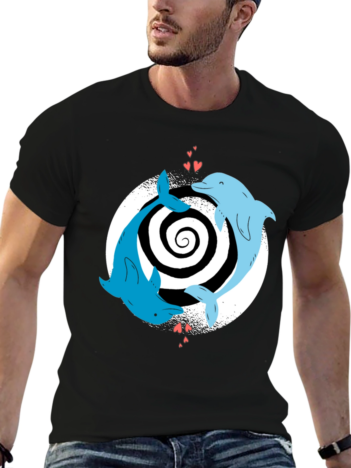 Dolphin Love Yin Yang T-Shirt - Black Casual Tee