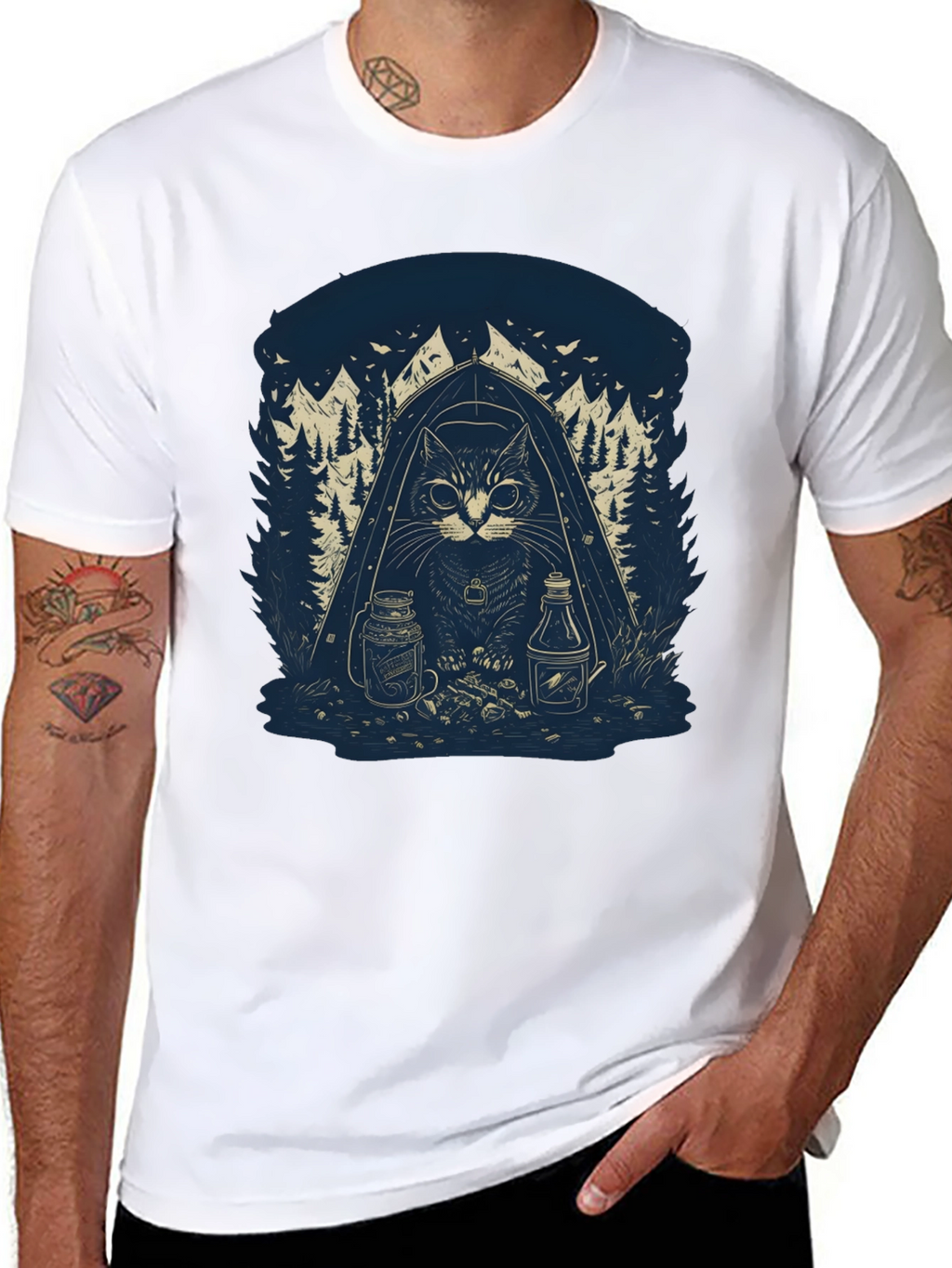 Camping Cat Graphic T-Shirt - Black