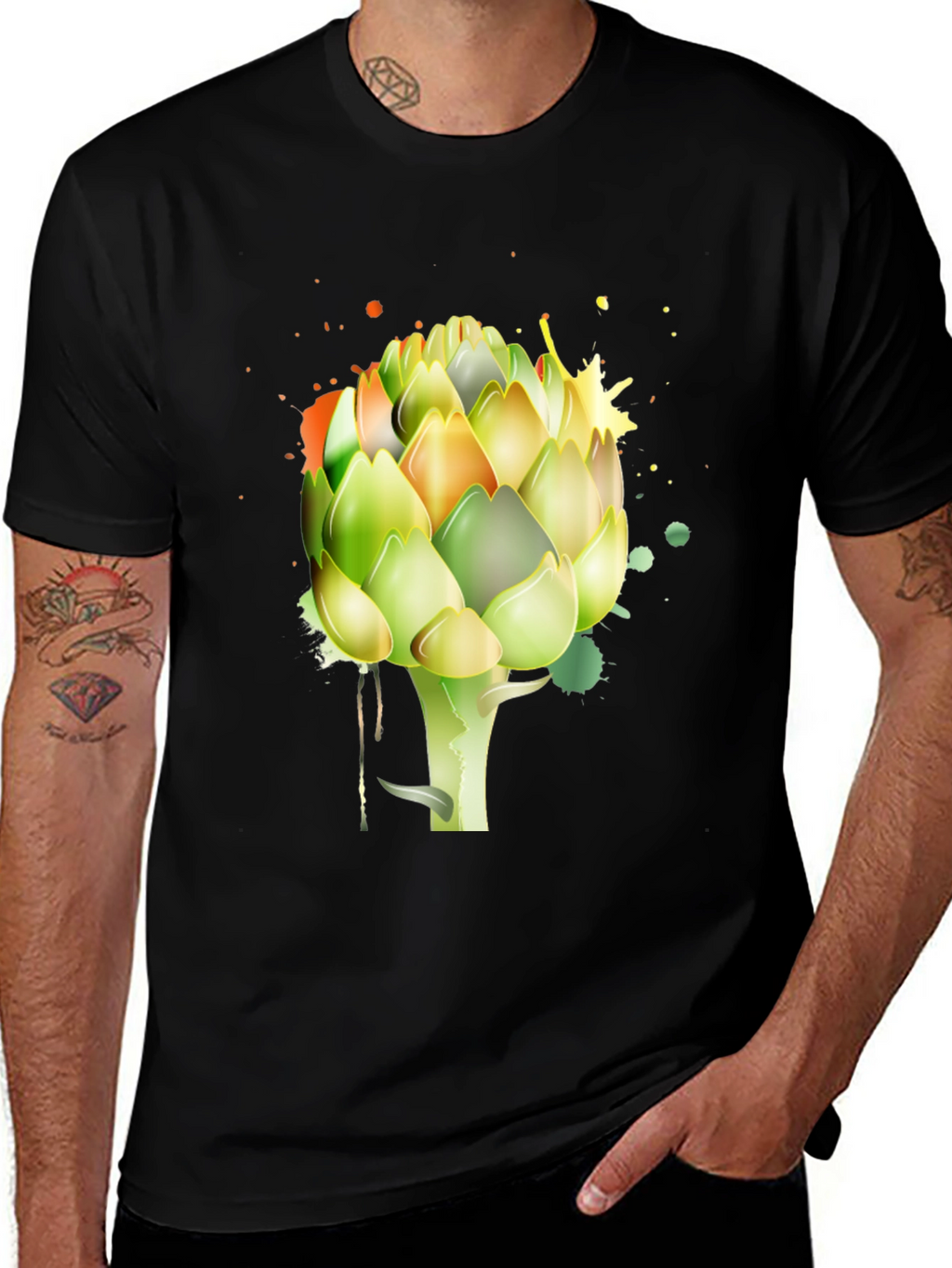 Artichoke Splash Graphic Tee - Unique Mens Black T-Shirt