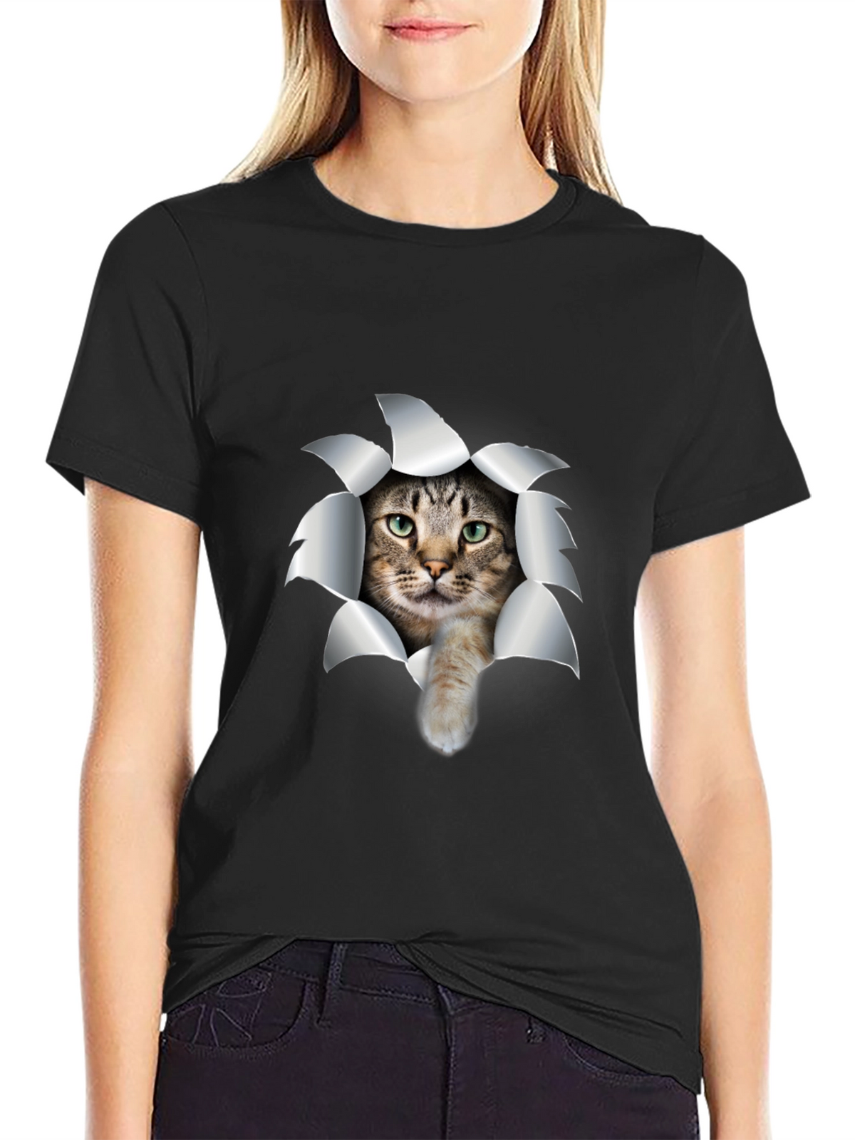 Cat Rip T-Shirt - Black Cotton Tee