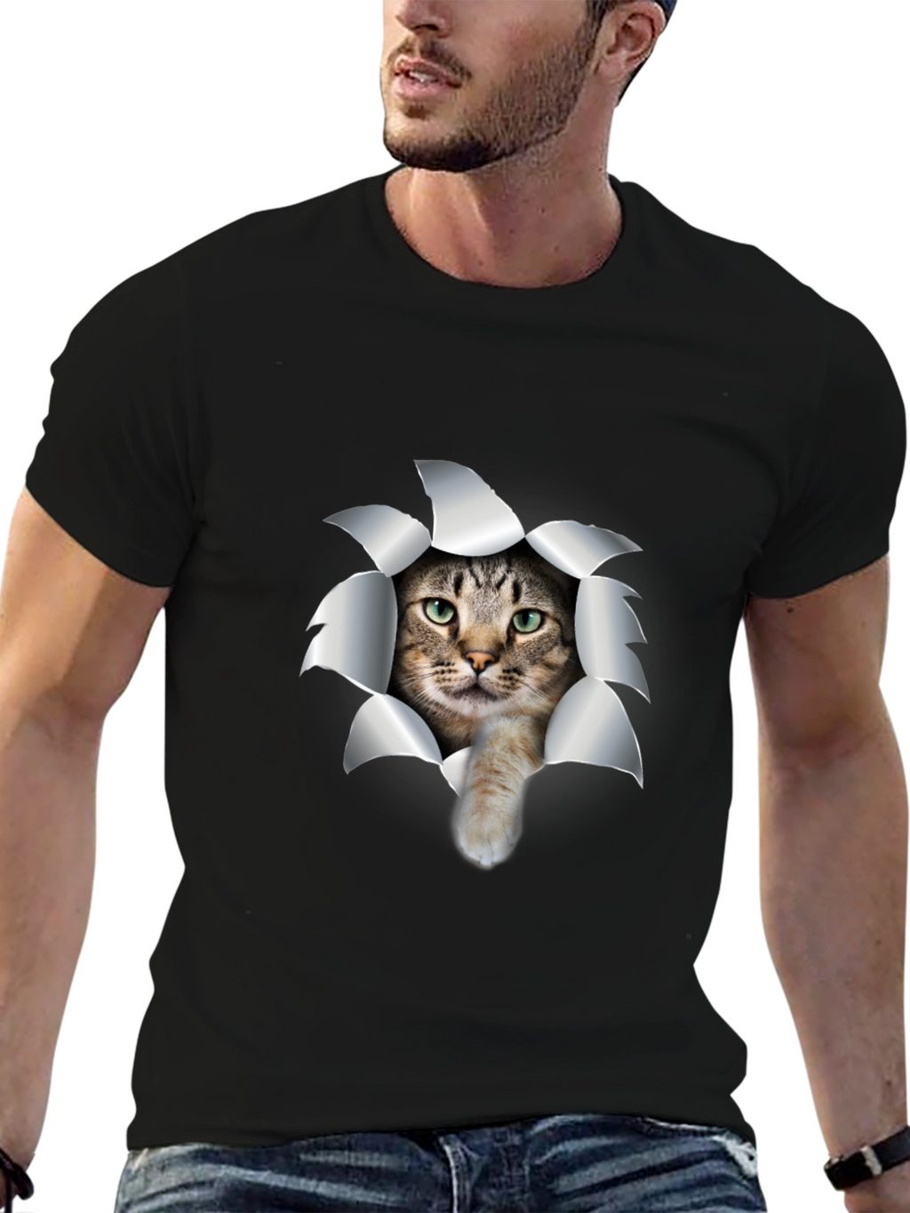 Cat Rip T-Shirt - Black Cotton Tee