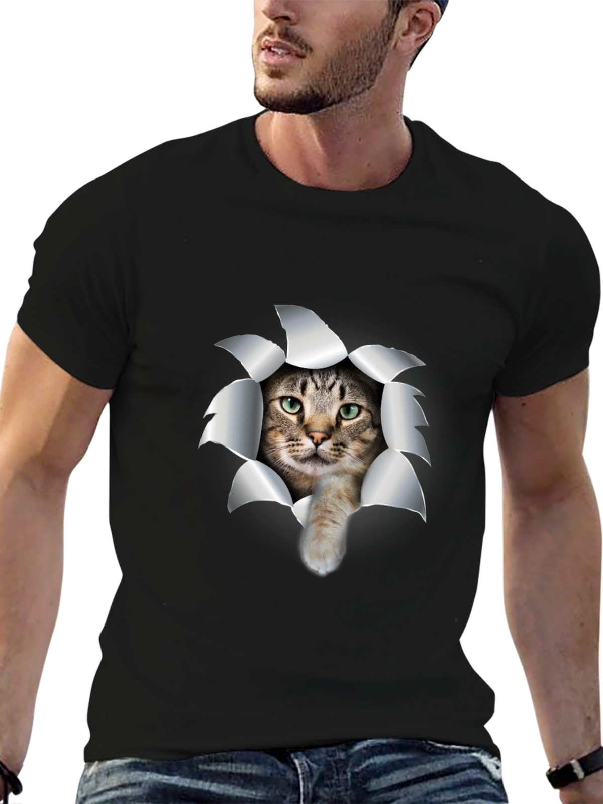 Cat Rip T-Shirt - Black Cotton Tee