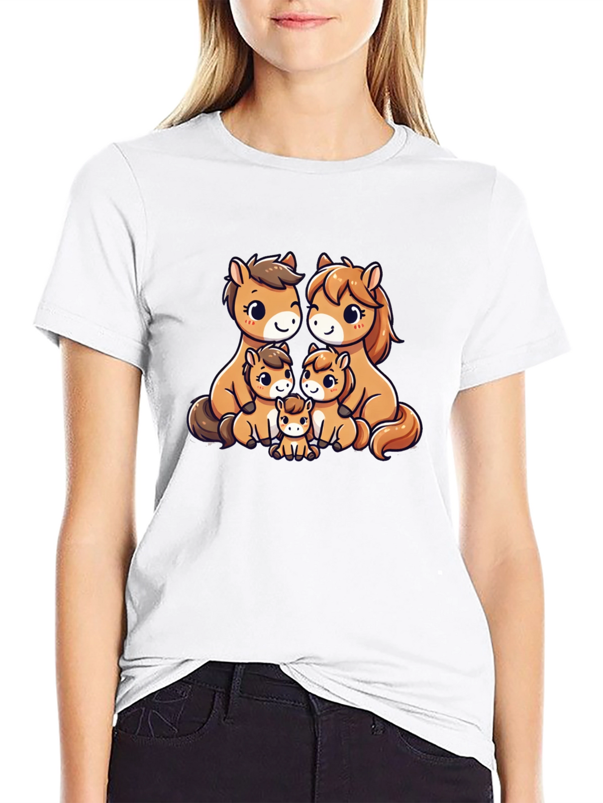 Cute Cartoon Horse Family Black T-Shirt