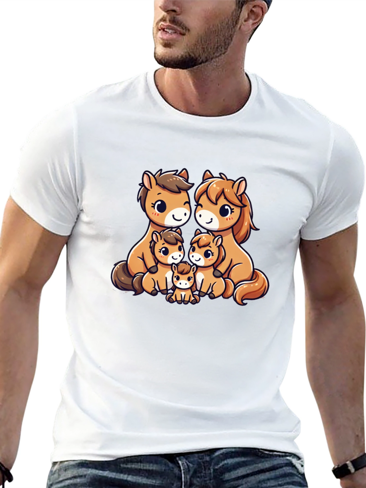 Cute Cartoon Horse Family Black T-Shirt