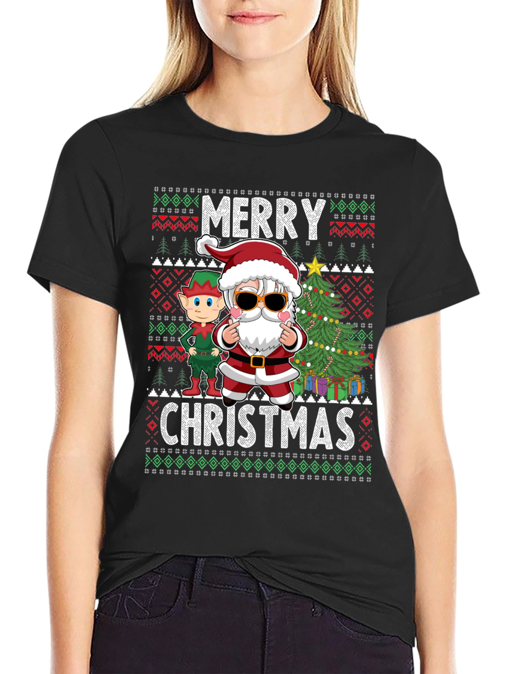 Merry Christmas Graphic Tee - Santa & Elf