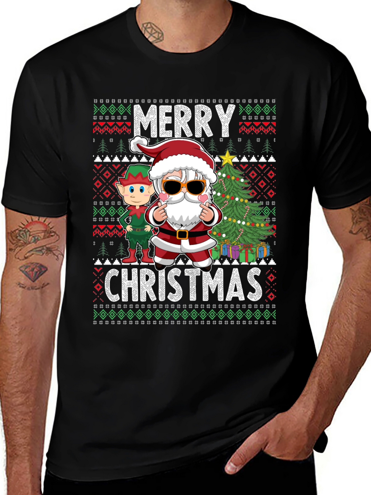Merry Christmas Graphic Tee - Santa & Elf