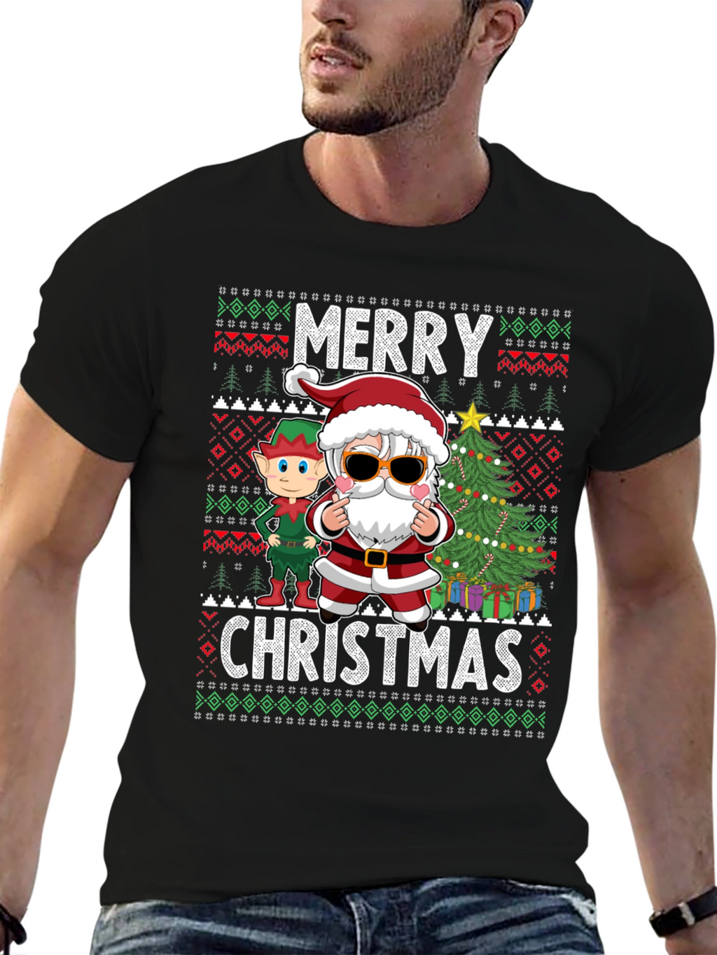 Merry Christmas Graphic Tee - Santa & Elf
