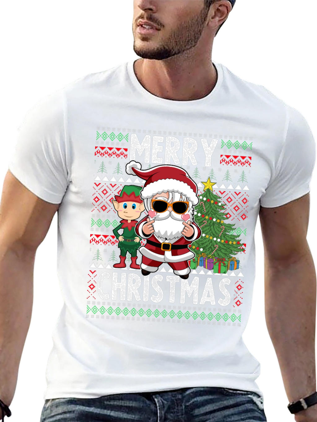 Merry Christmas Graphic Tee - Santa & Elf