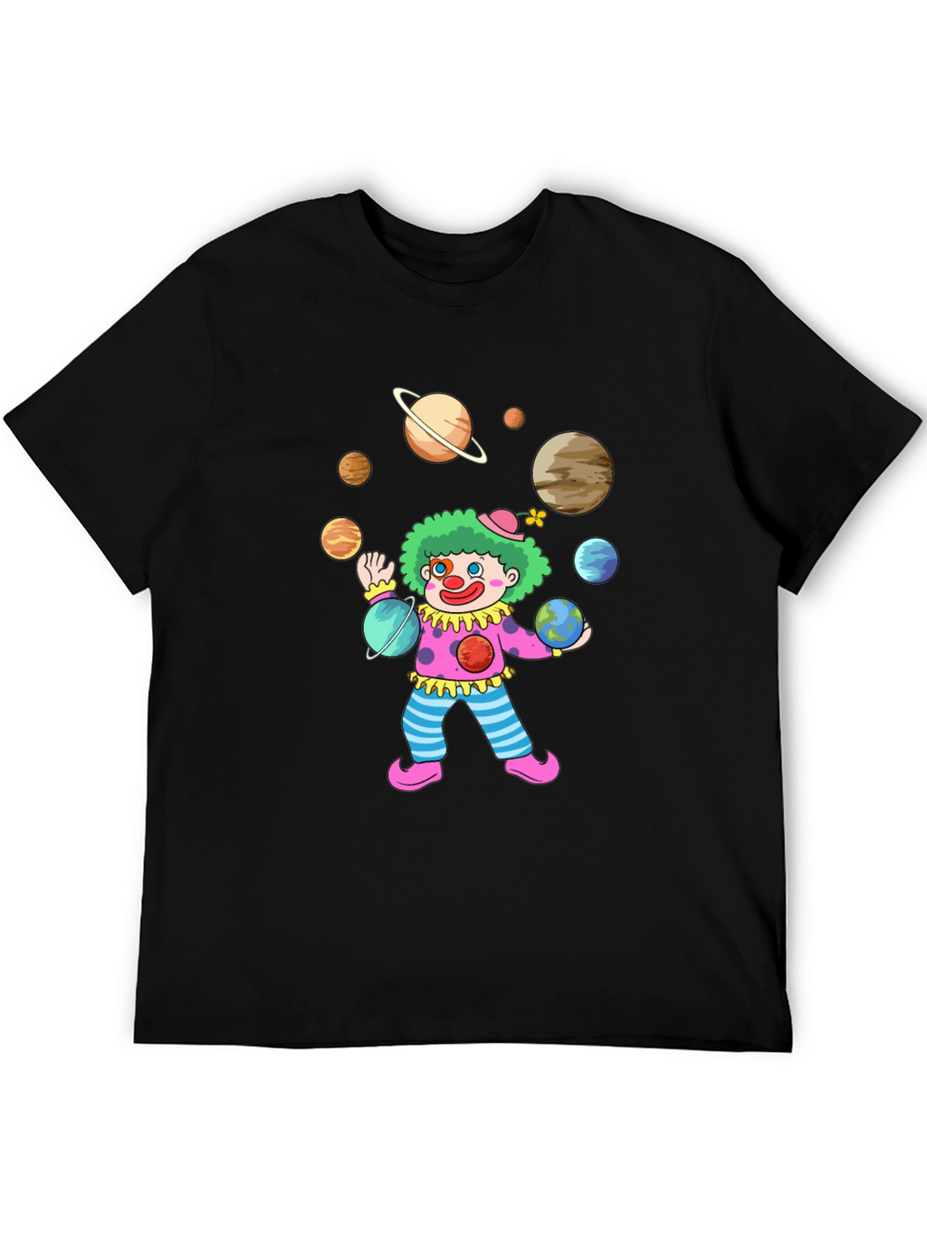 Clown Juggling Planets Graphic Tee - Black Cotton Shirt