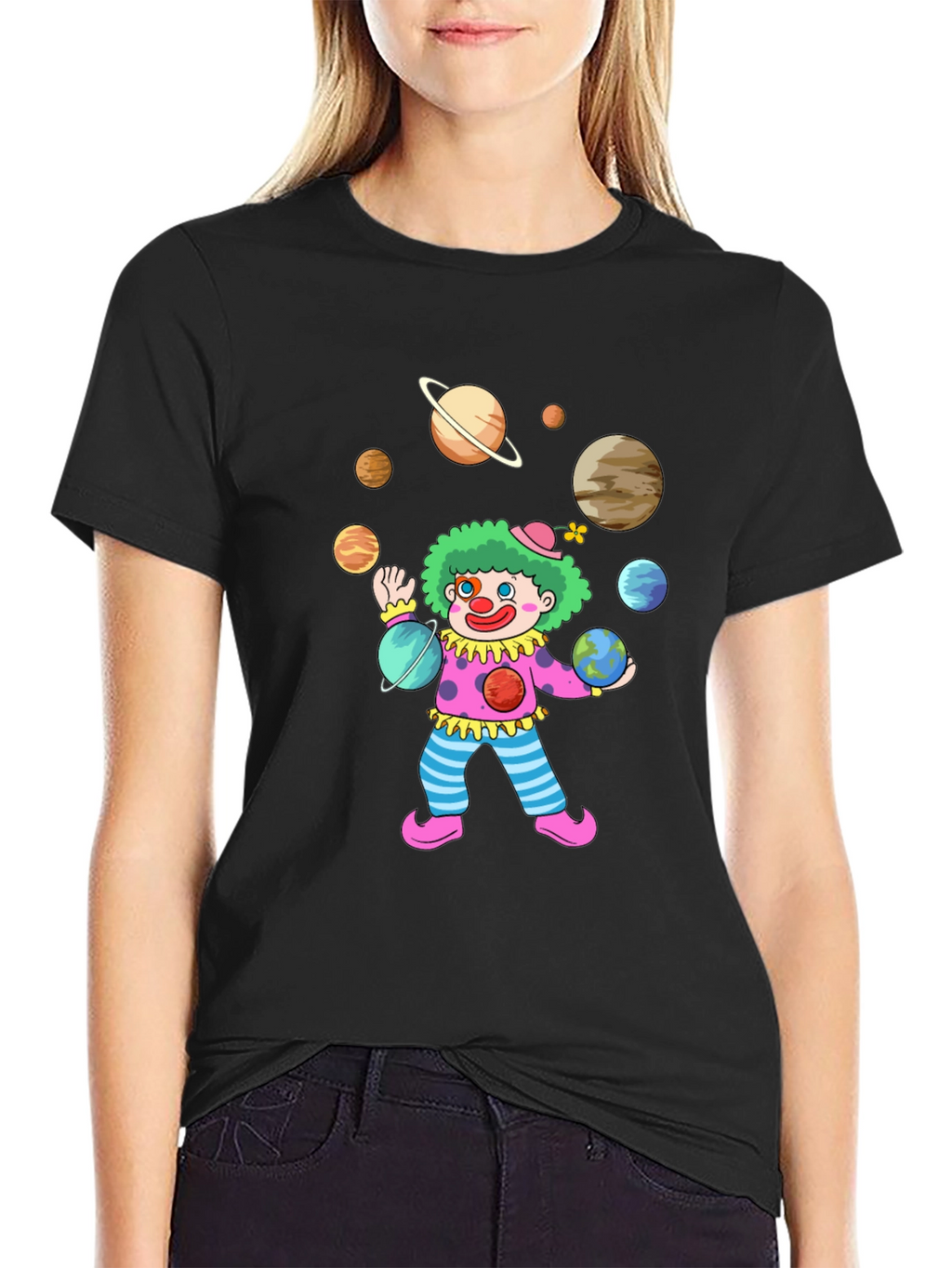 Clown Juggling Planets Graphic Tee - Black Cotton Shirt