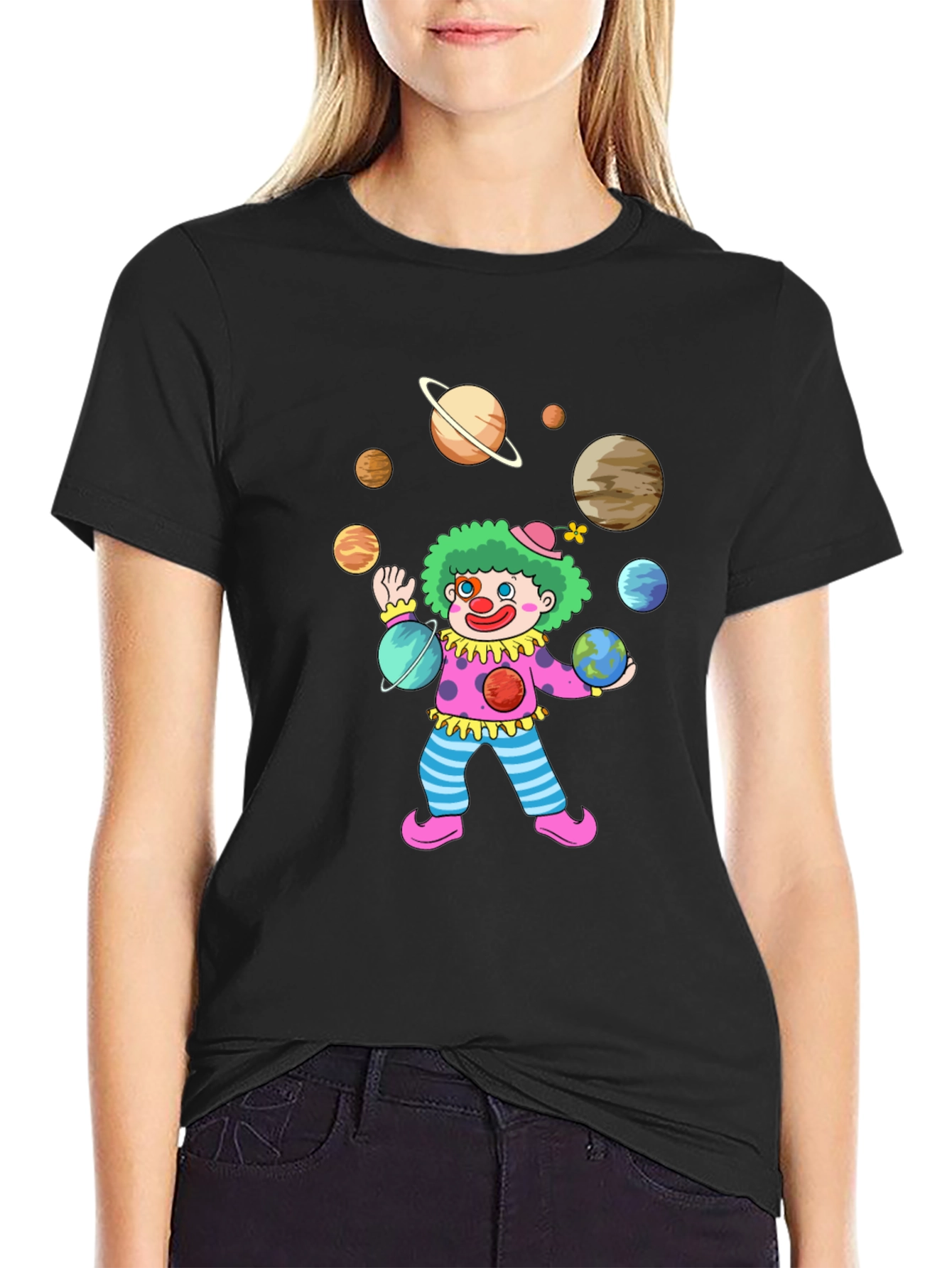 Clown Juggling Planets Graphic Tee - Black Cotton Shirt