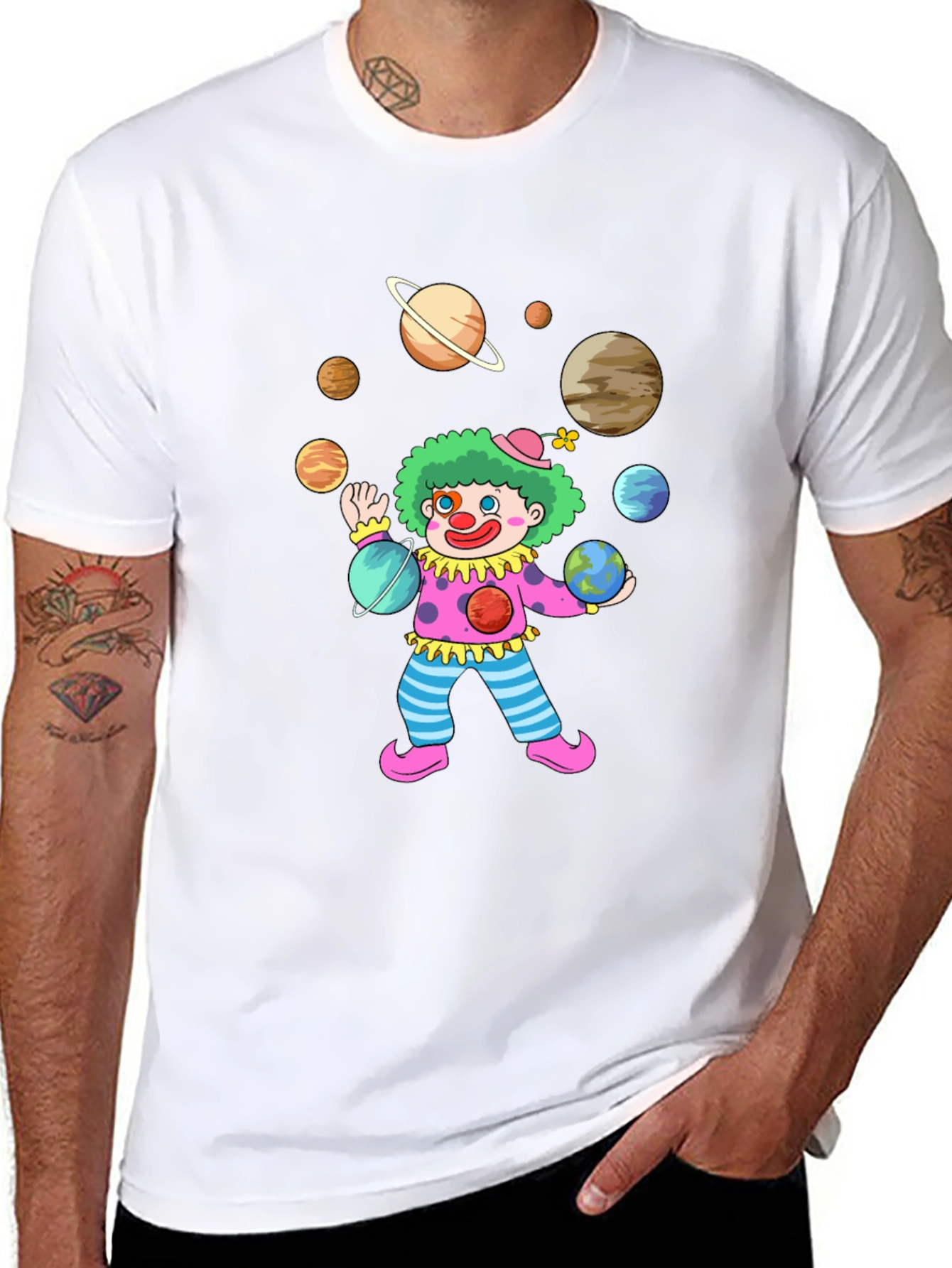 Clown Juggling Planets Graphic Tee - Black Cotton Shirt