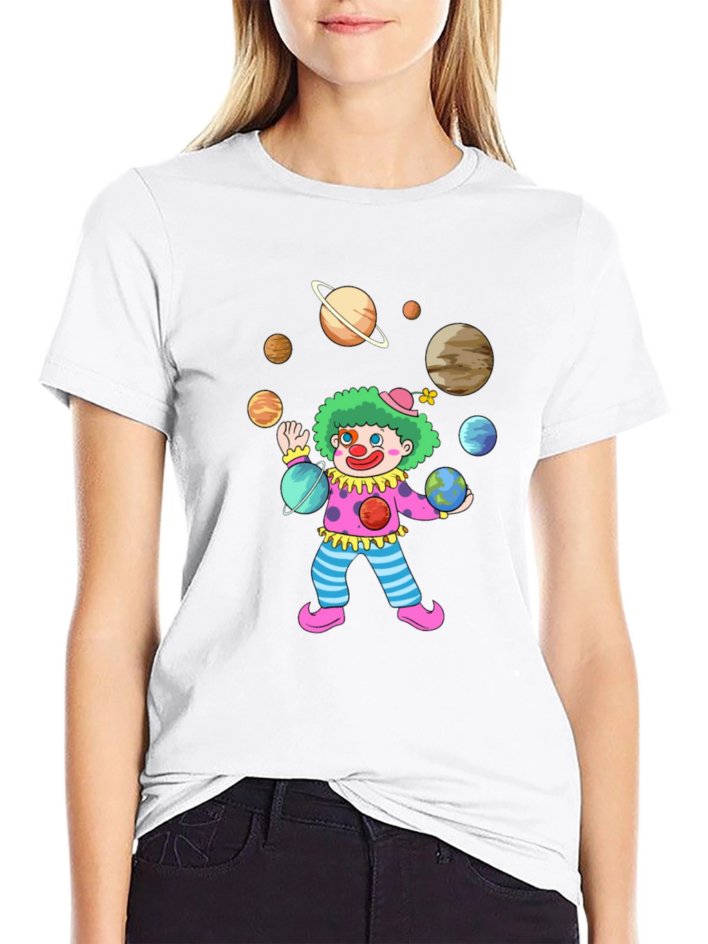 Clown Juggling Planets Graphic Tee - Black Cotton Shirt