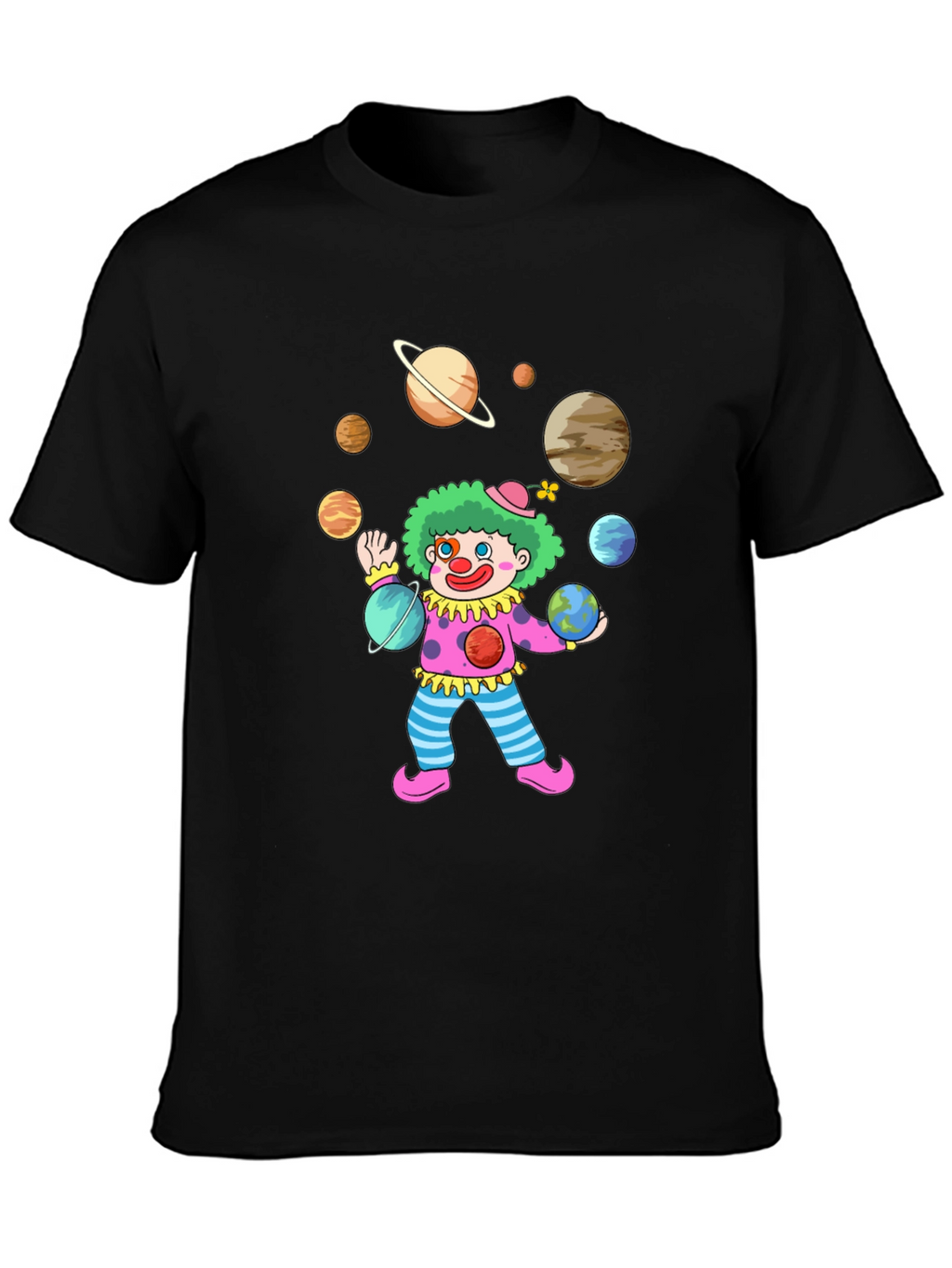 Clown Juggling Planets Graphic Tee - Black Cotton Shirt