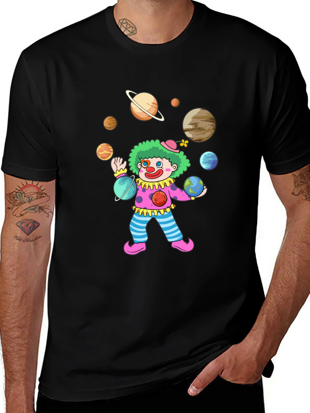 Clown Juggling Planets Graphic Tee - Black Cotton Shirt