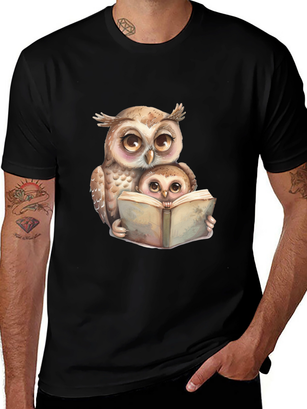 Owl & Baby Reading T-Shirt - Black