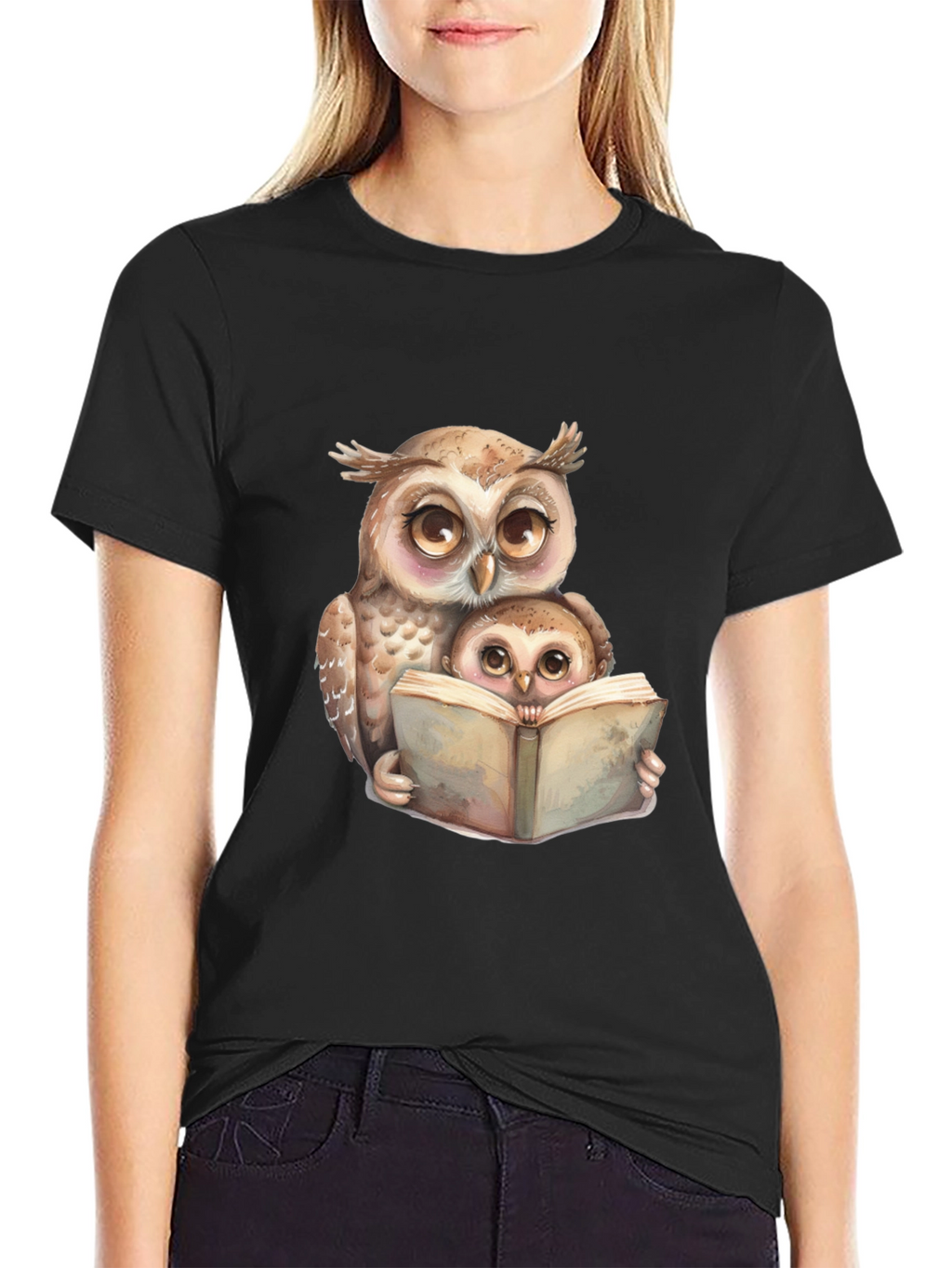 Owl & Baby Reading T-Shirt - Black