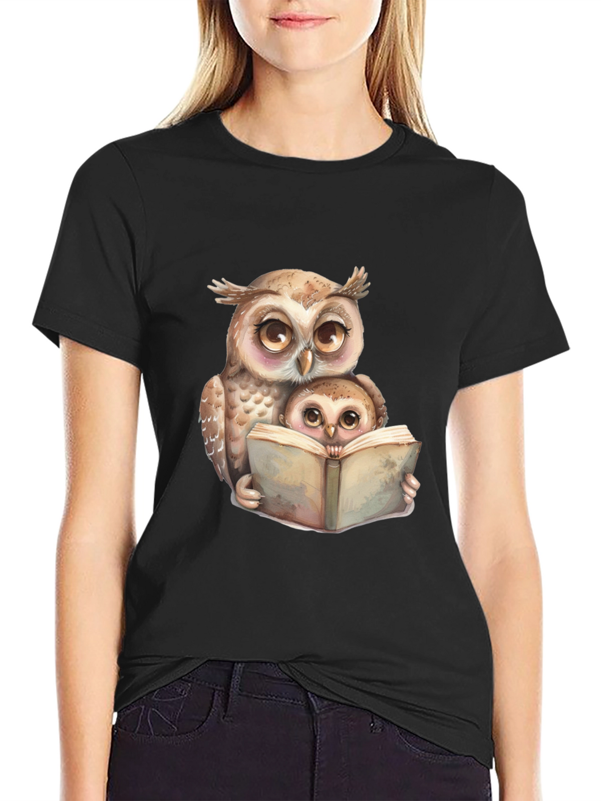 Owl & Baby Reading T-Shirt - Black