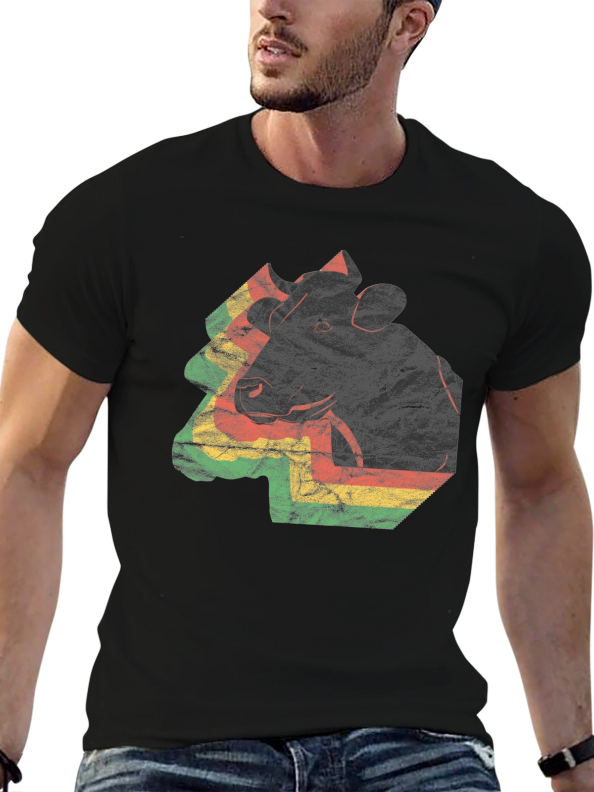 Retro Cow Graphic Tee - Black Cotton Blend