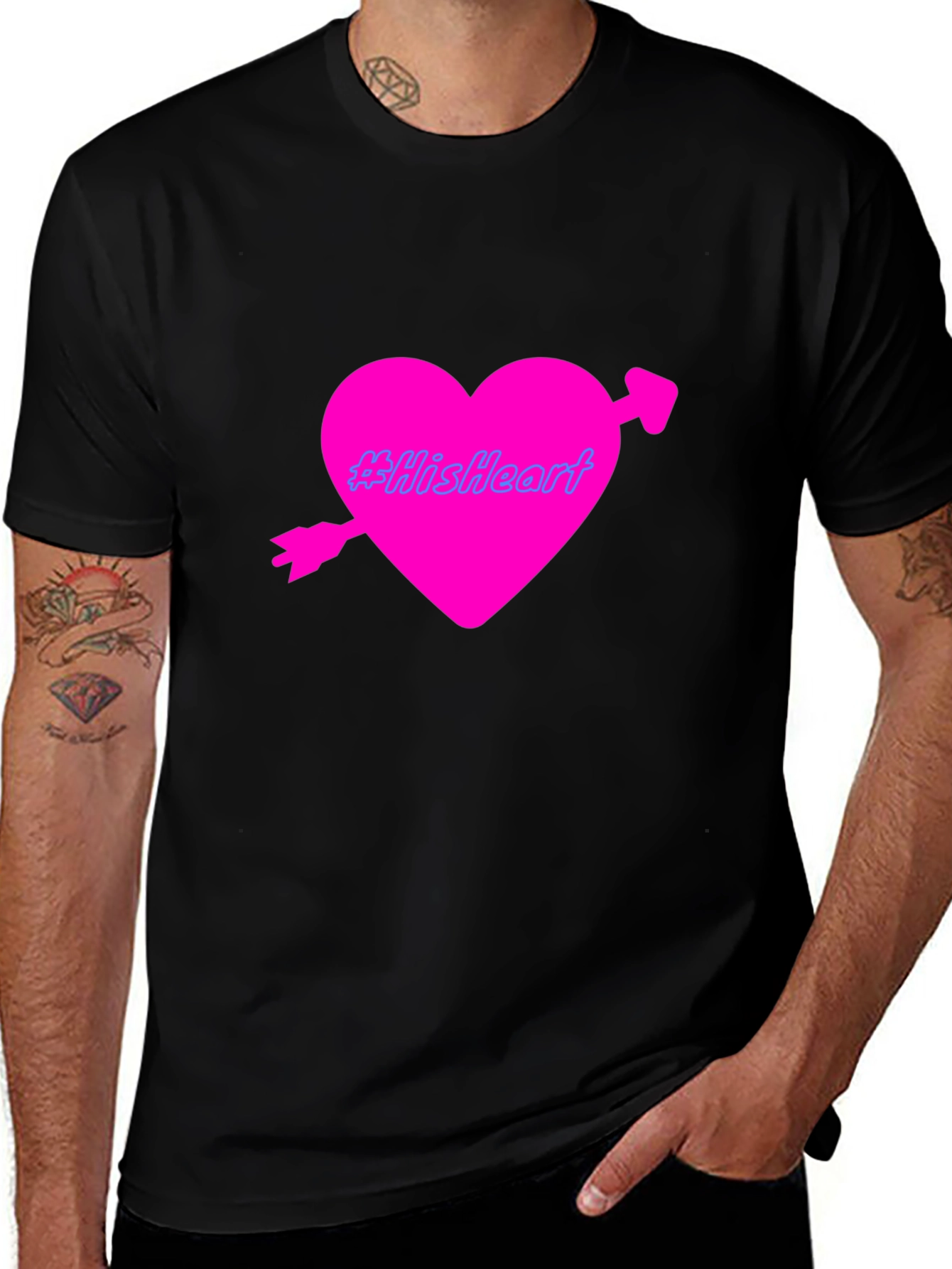 Mens Black T-Shirt with Pink Heart Design