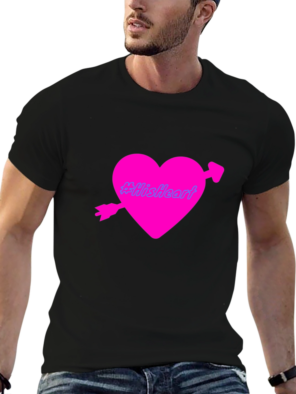 Mens Black T-Shirt with Pink Heart Design