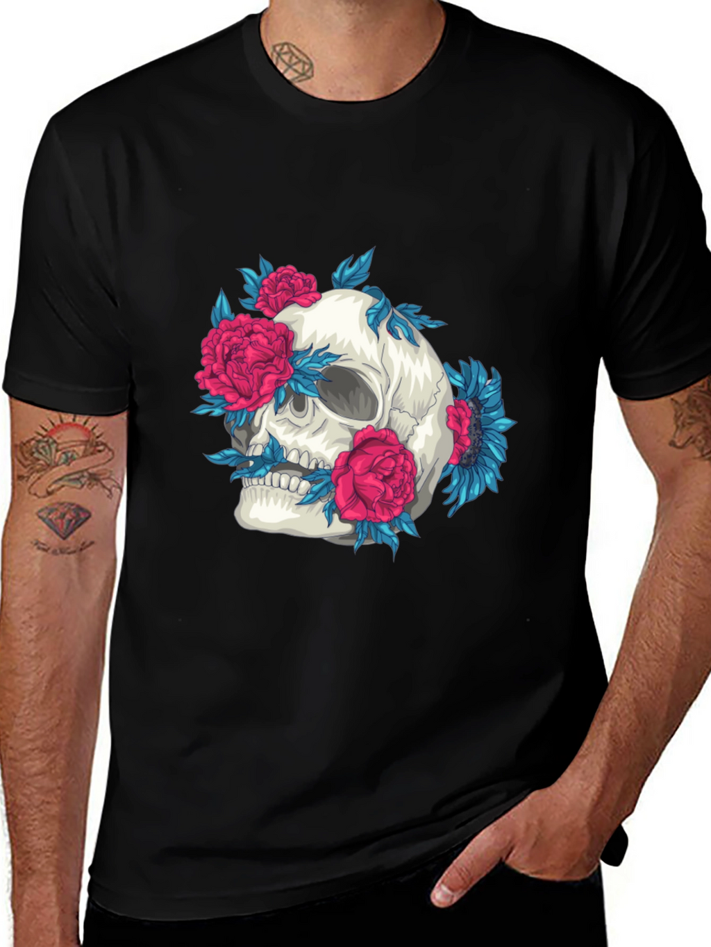 Skull and Flowers Graphic Print Tee
