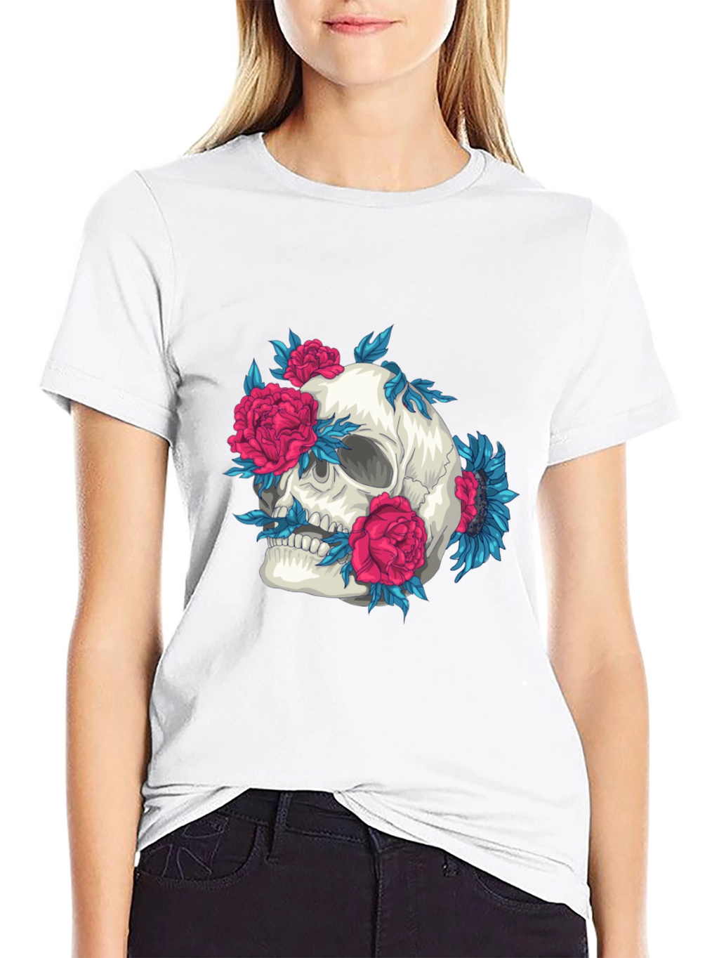 Skull and Flowers Graphic Print Tee