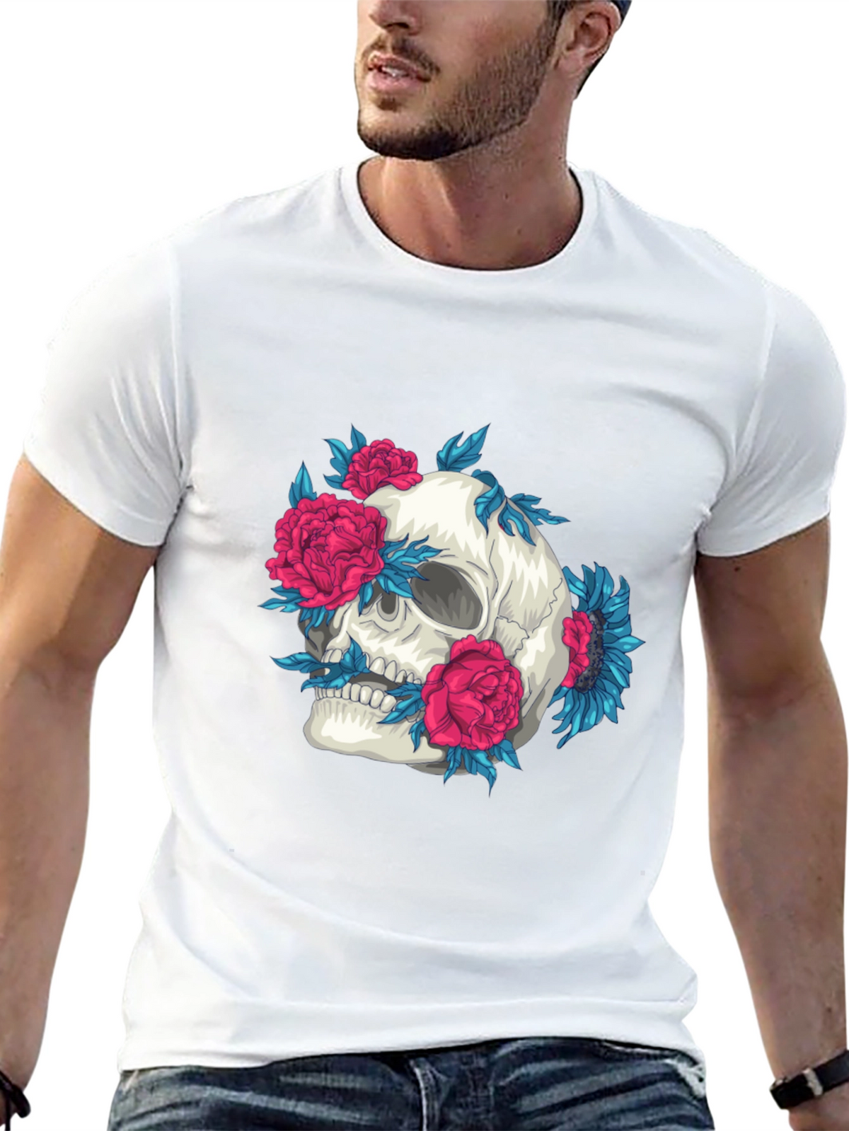 Skull and Flowers Graphic Print Tee