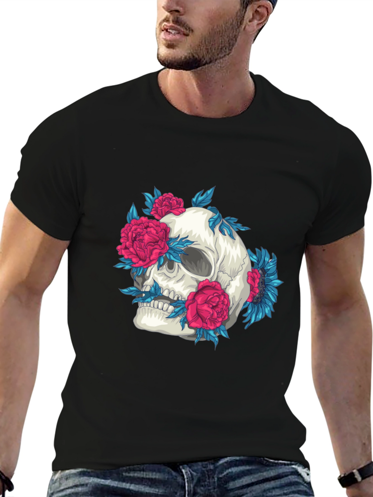 Skull and Flowers Graphic Print Tee
