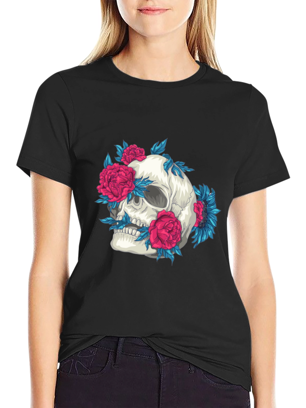 Skull and Flowers Graphic Print Tee