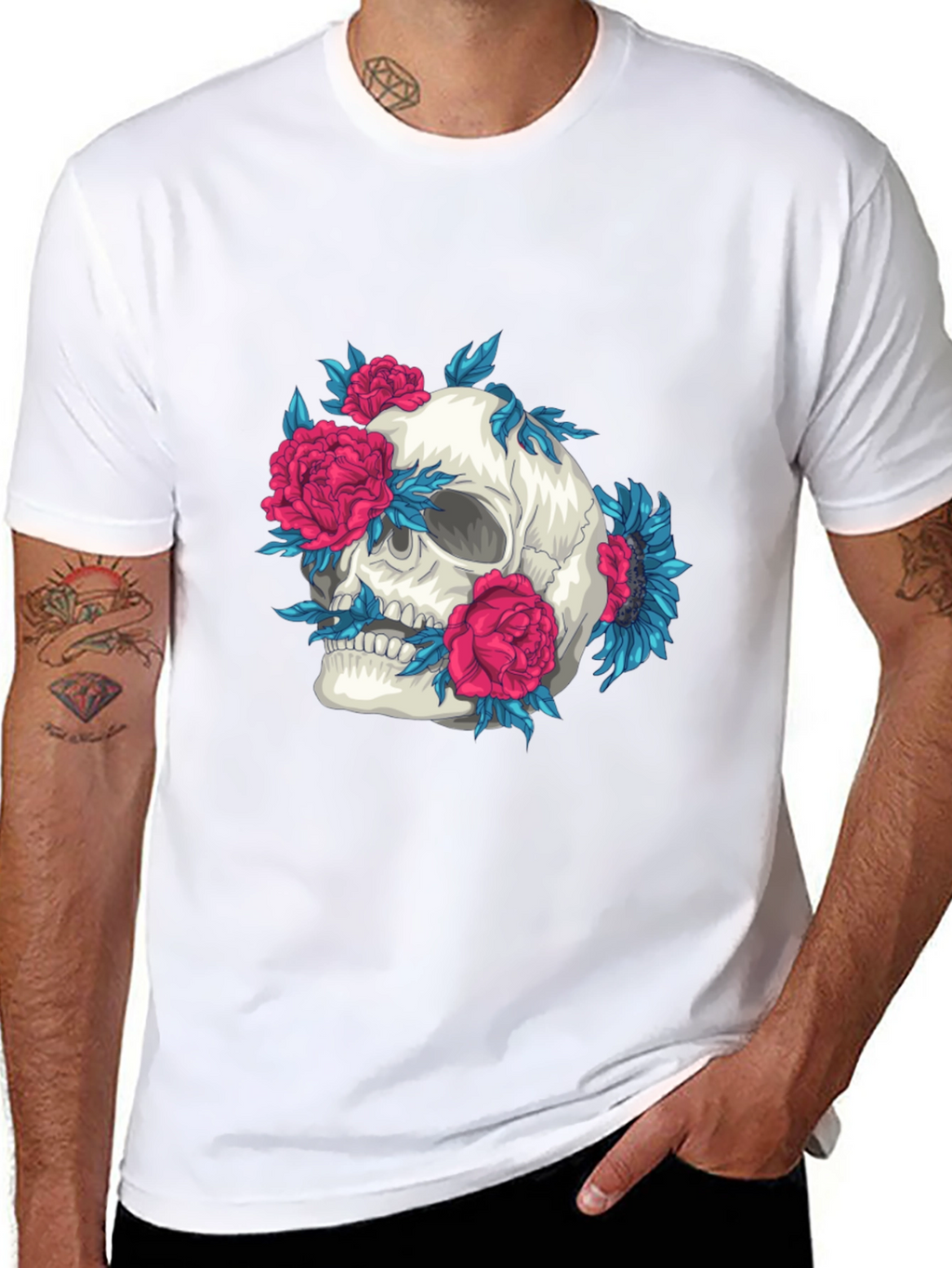 Skull and Flowers Graphic Print Tee