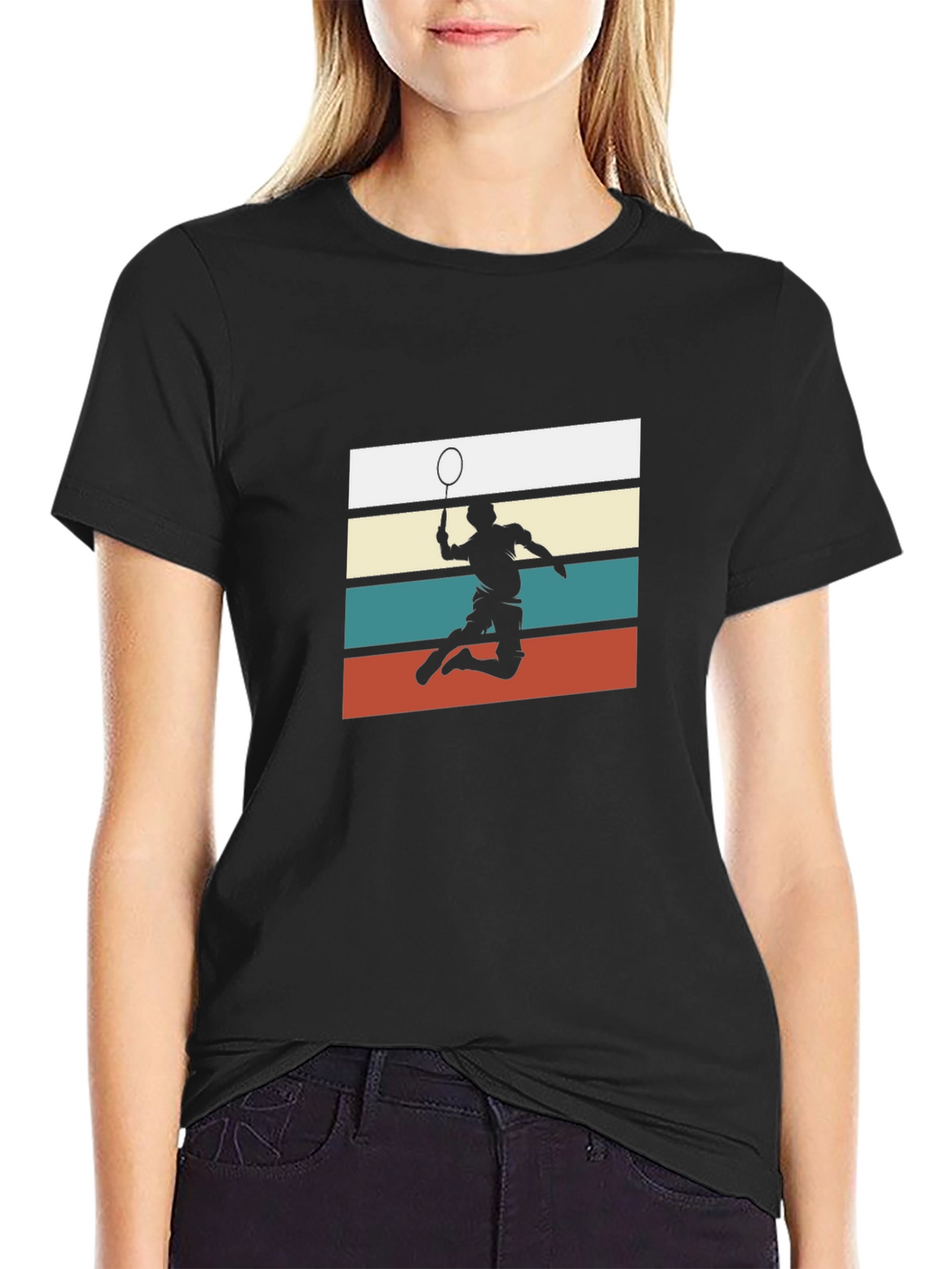 Retro Badminton Player Graphic Tee - Black