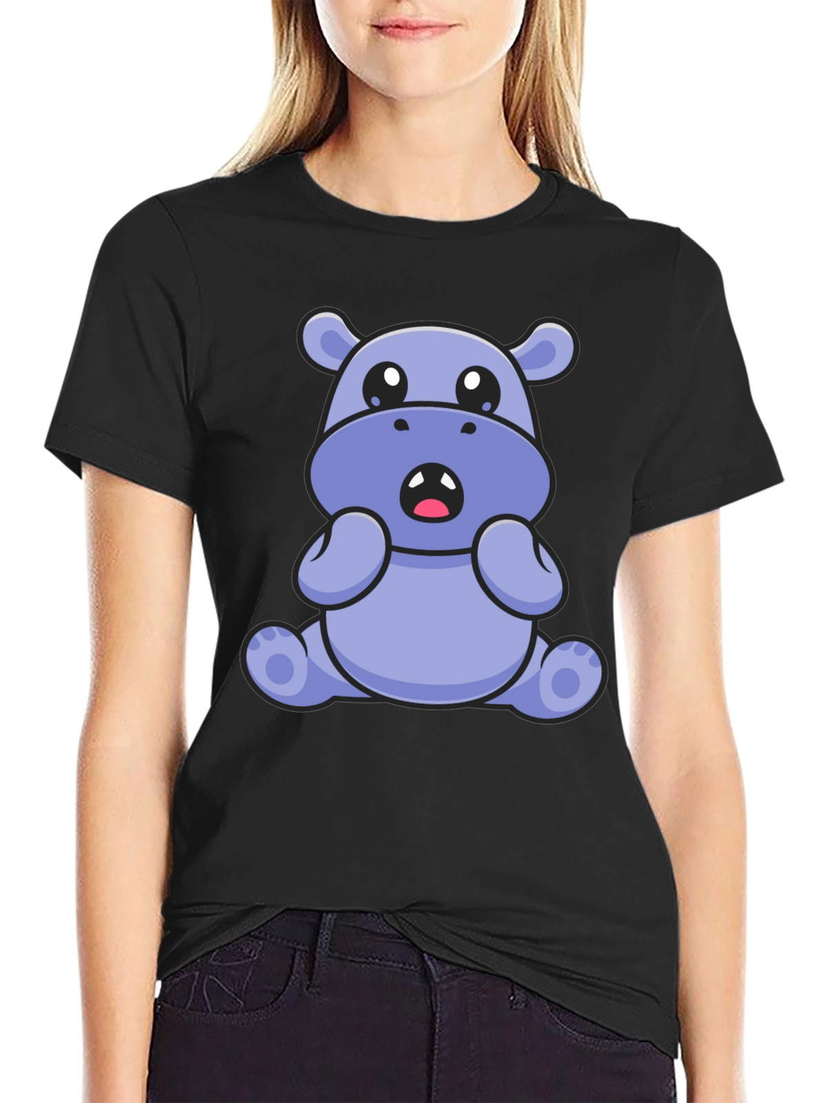 Cute Hippo Graphic Tee - Black Cotton Blend T-Shirt