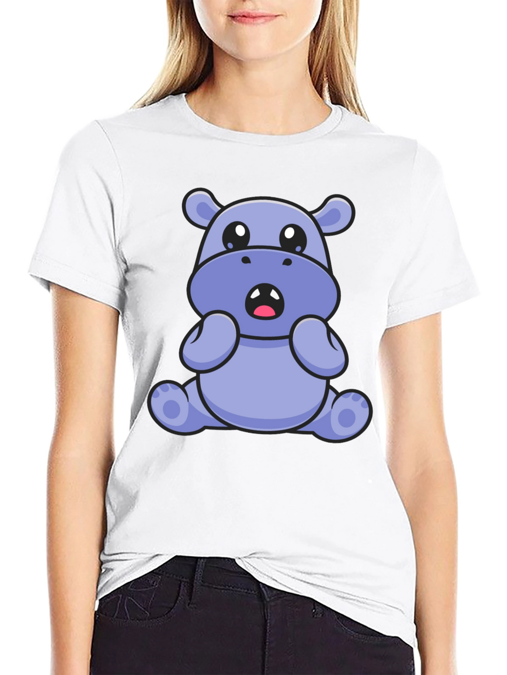 Cute Hippo Graphic Tee - Black Cotton Blend T-Shirt
