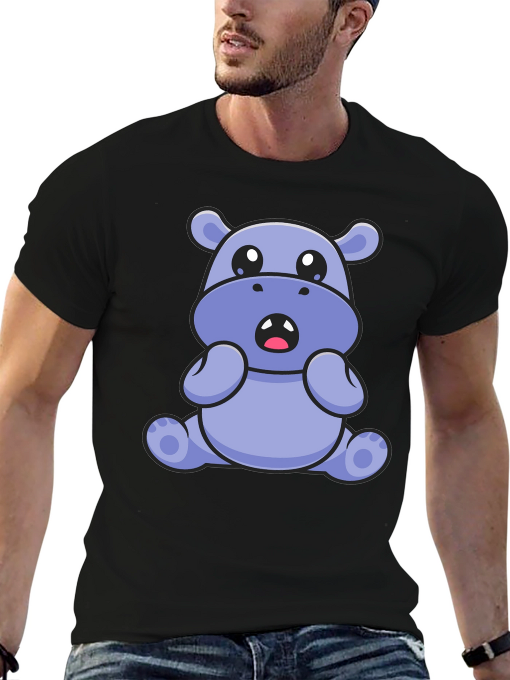 Cute Hippo Graphic Tee - Black Cotton Blend T-Shirt