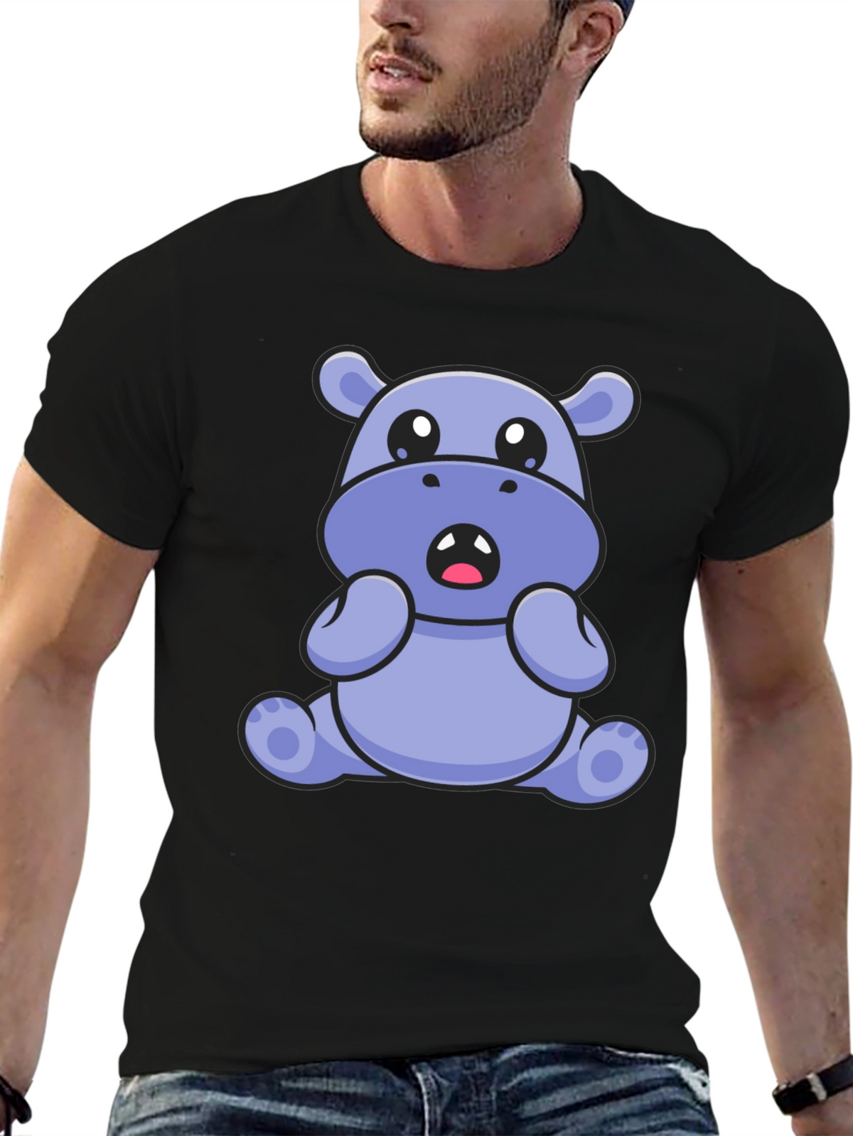 Cute Hippo Graphic Tee - Black Cotton Blend T-Shirt