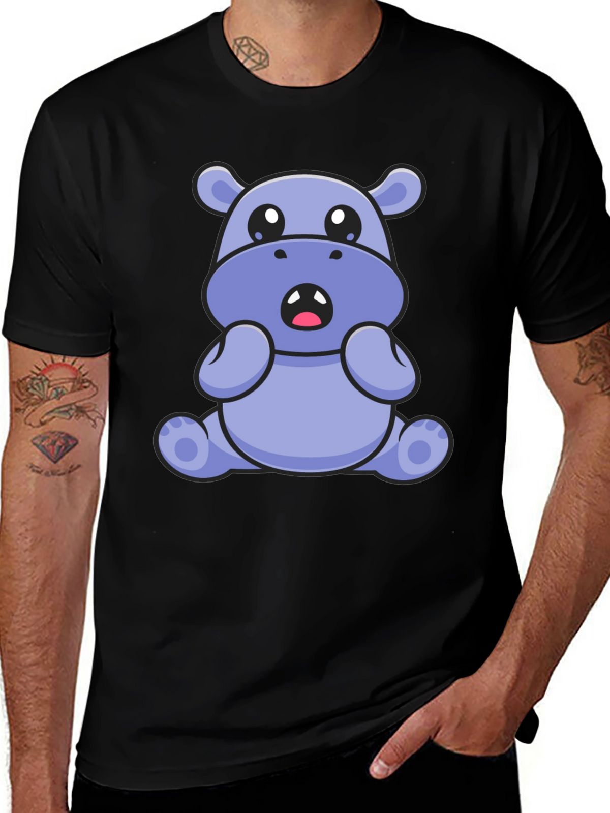 Cute Hippo Graphic Tee - Black Cotton Blend T-Shirt