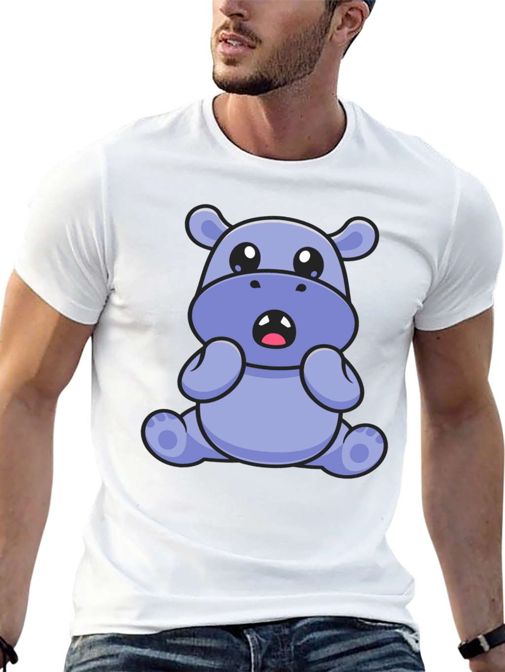 Cute Hippo Graphic Tee - Black Cotton Blend T-Shirt