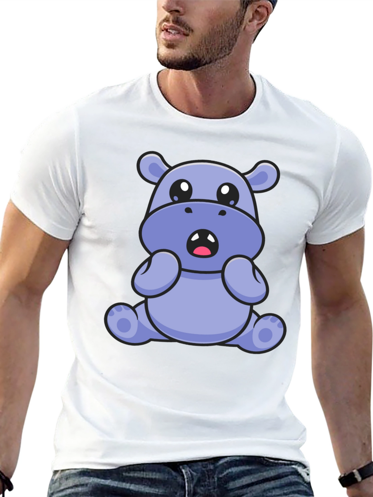 Cute Hippo Graphic Tee - Black Cotton Blend T-Shirt