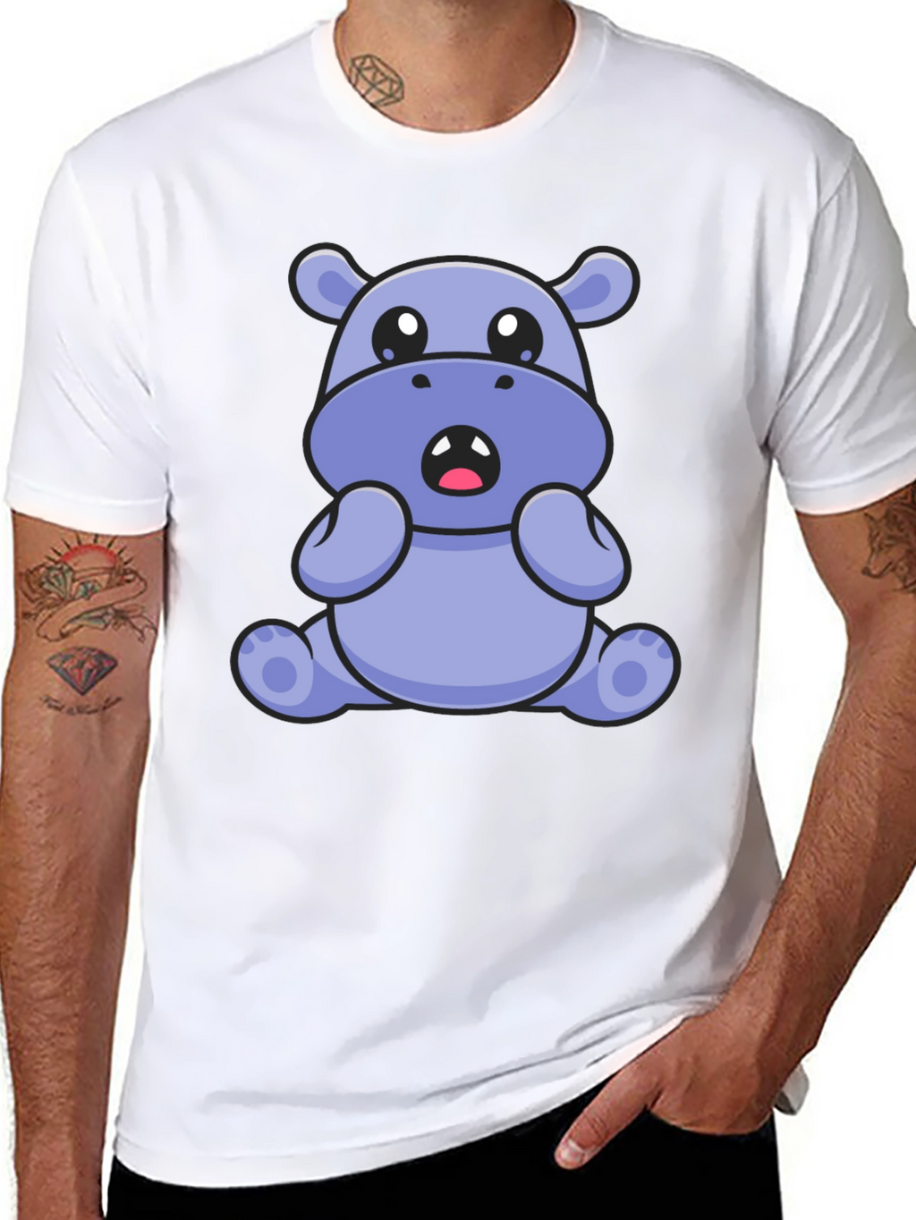 Cute Hippo Graphic Tee - Black Cotton Blend T-Shirt