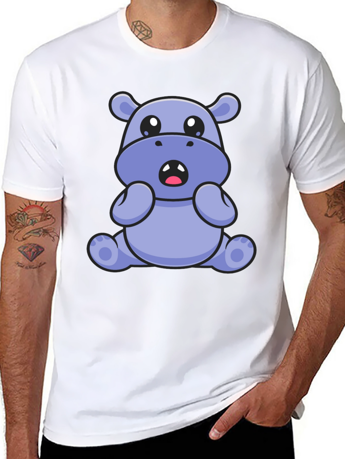 Cute Hippo Graphic Tee - Black Cotton Blend T-Shirt